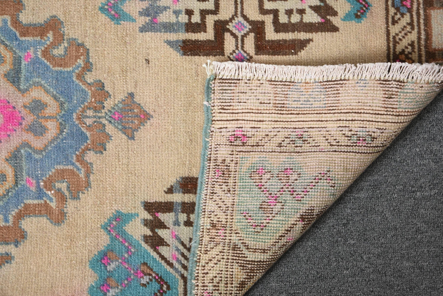 Blue and Pink Handmade Turkish Rug - 1.8' x 3.9'