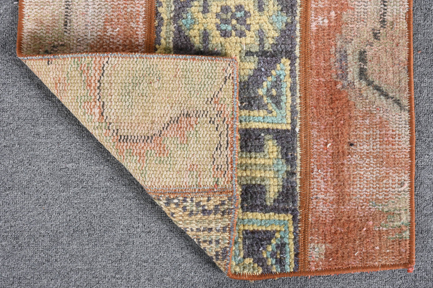 Vintage Orange & Blue Geometric Rug, Handmade 1.5x2.9 Ft