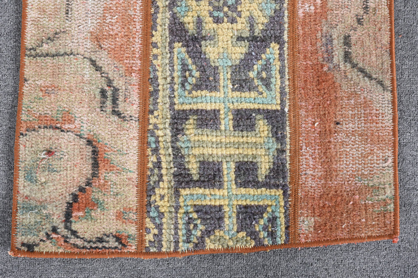 Vintage Orange & Blue Geometric Rug, Handmade 1.5x2.9 Ft