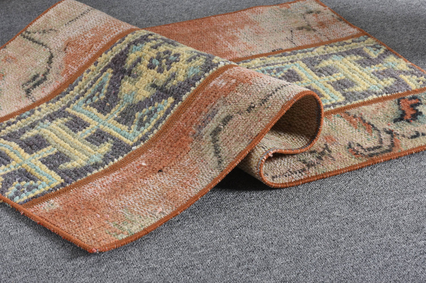 Vintage Orange & Blue Geometric Rug, Handmade 1.5x2.9 Ft