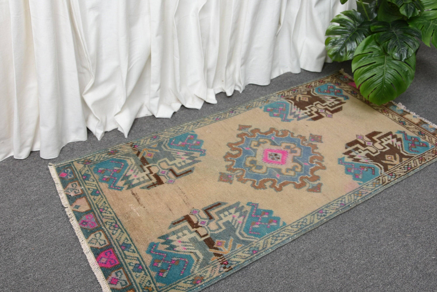 Blue and Pink Handmade Turkish Rug - 1.8' x 3.9'