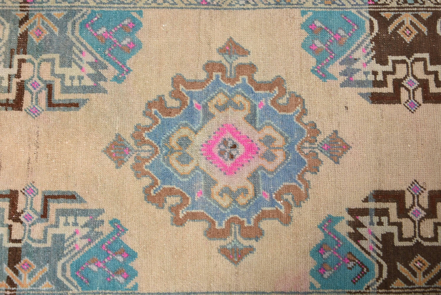 Blue and Pink Handmade Turkish Rug - 1.8' x 3.9'