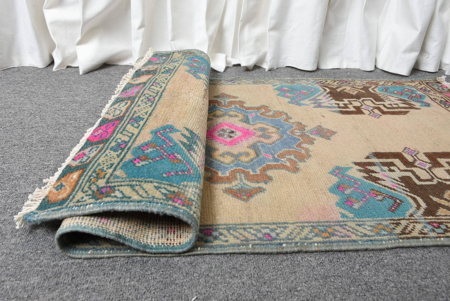 Blue and Pink Handmade Turkish Rug - 1.8' x 3.9'