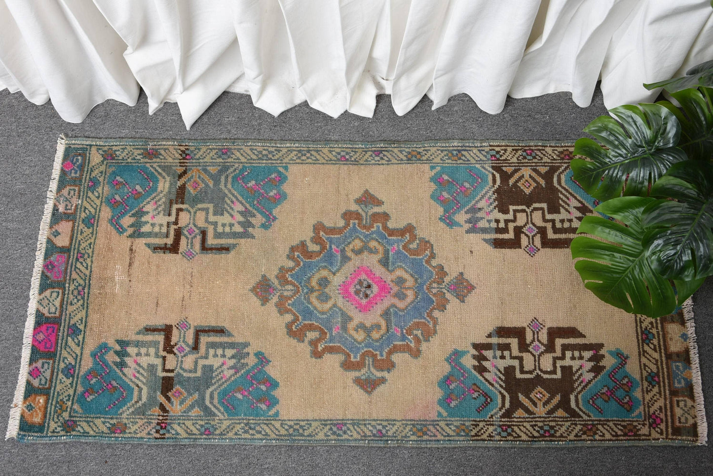 Blue and Pink Handmade Turkish Rug - 1.8' x 3.9'