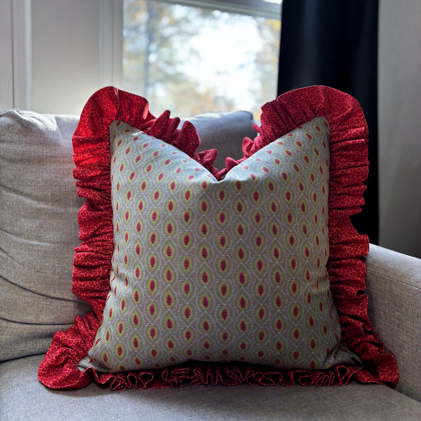 22 x 22 Leaf and Leopard Ruffle Trim Custom Pillow