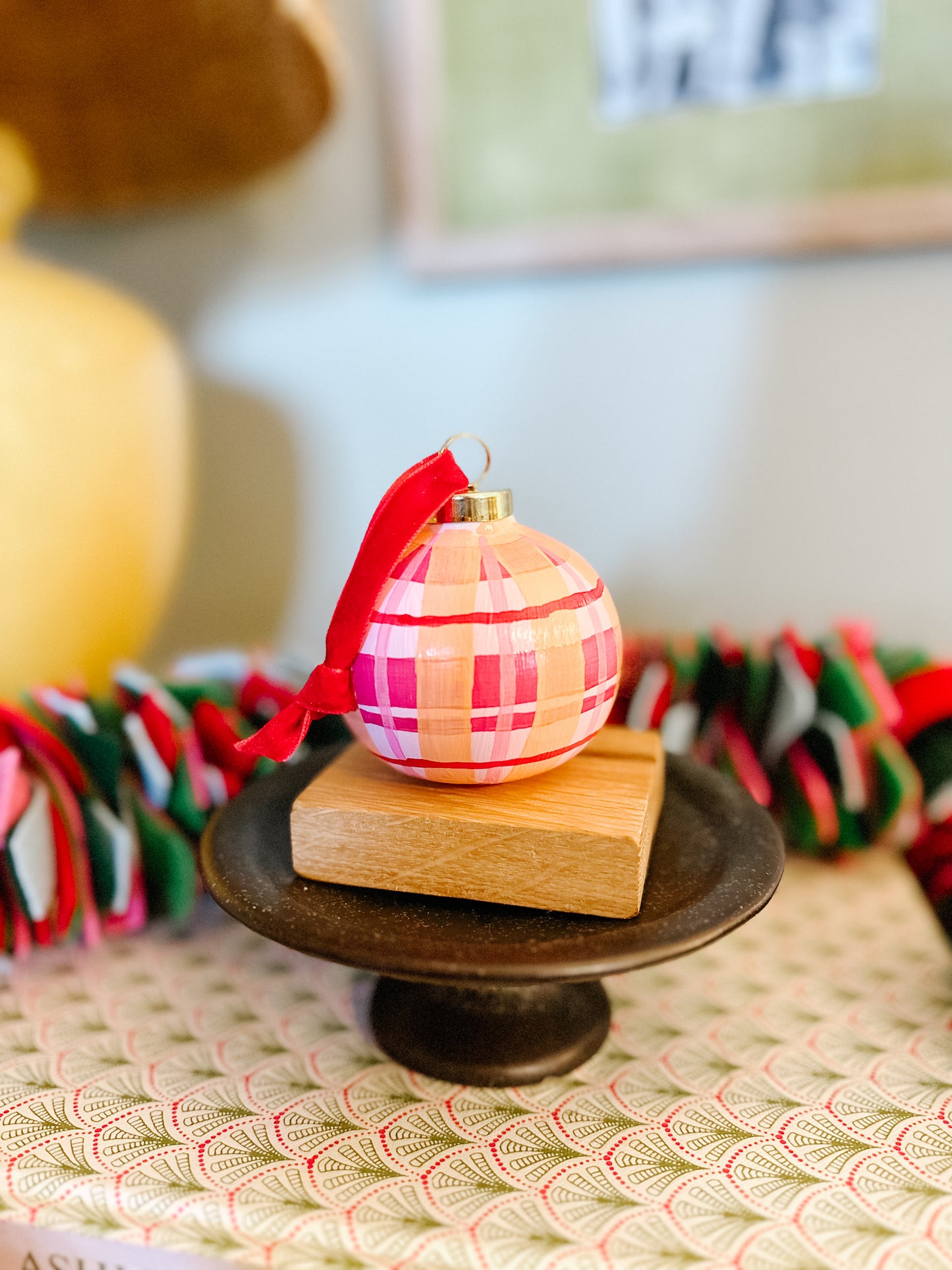 Pink Plaid Hand Painted Ornament