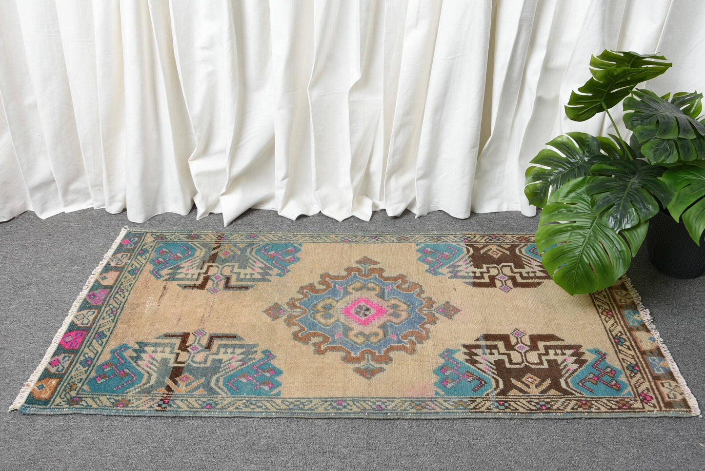 Blue and Pink Handmade Turkish Rug - 1.8' x 3.9'