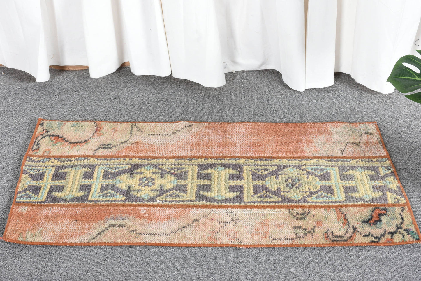 Vintage Orange & Blue Geometric Rug, Handmade 1.5x2.9 Ft