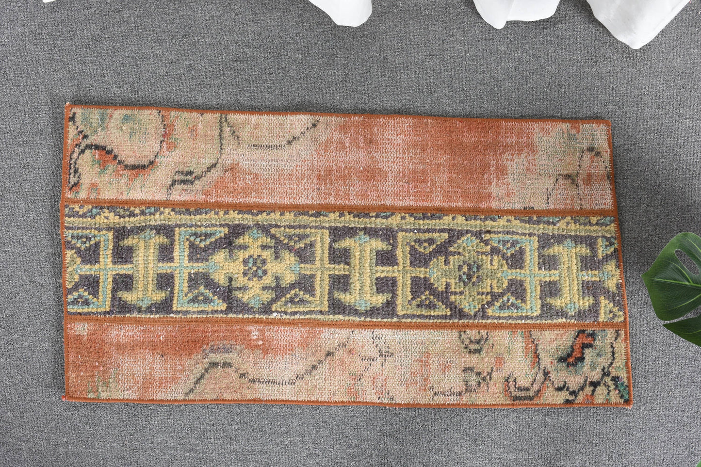 Vintage Orange & Blue Geometric Rug, Handmade 1.5x2.9 Ft